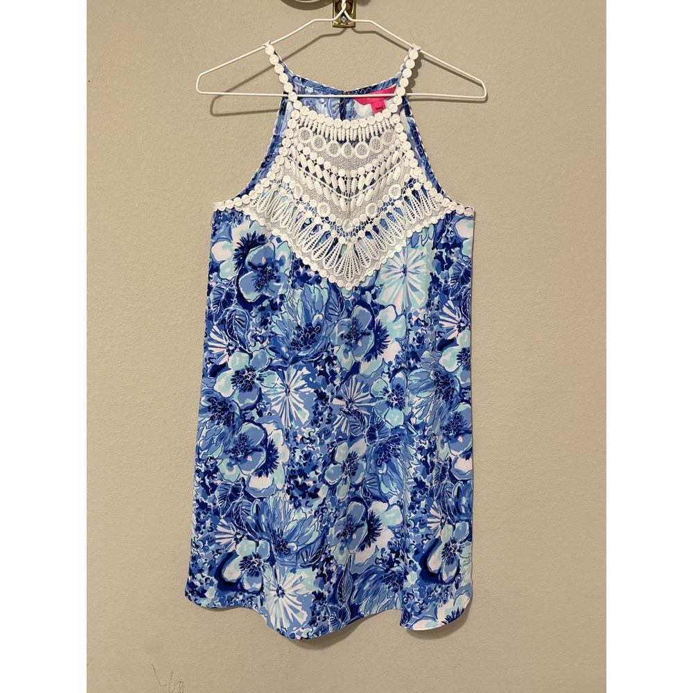 Lilly Pulitzer Shift Dress Women 2 Blue Floral Crochet Lace Halter Mini